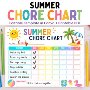 Summer Chore Chart for Kids, Summer Weekly Routine, Editable Chore Chart Printable, Canva Summer Routine Chart, Kids Reward Chart