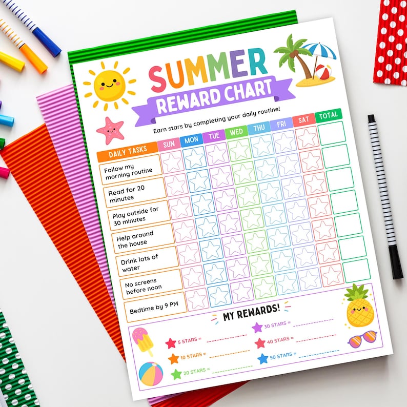 May include: A vibrant summer reward chart with the text "SUMMER REWARD CHART". The chart features daily tasks, star-shaped boxes for each day of the week, and reward levels. Illustrations of a sun, palm tree, and pineapple are included.