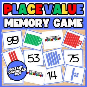 May include: A printable place value memory game for children. The cards feature numbers, words, and base ten blocks. The game is designed to help children learn about place value.