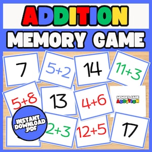 Puede incluir: Una tarjeta de título azul y amarilla dice "ADDITION MEMORY GAME". Debajo del título hay 10 tarjetas con borde azul con problemas de suma y sus respuestas. Las tarjetas incluyen los números 7, 14, 17, 13, 5+2, 11+3, 5+8, 4+6, 2+3 y 12+5.
