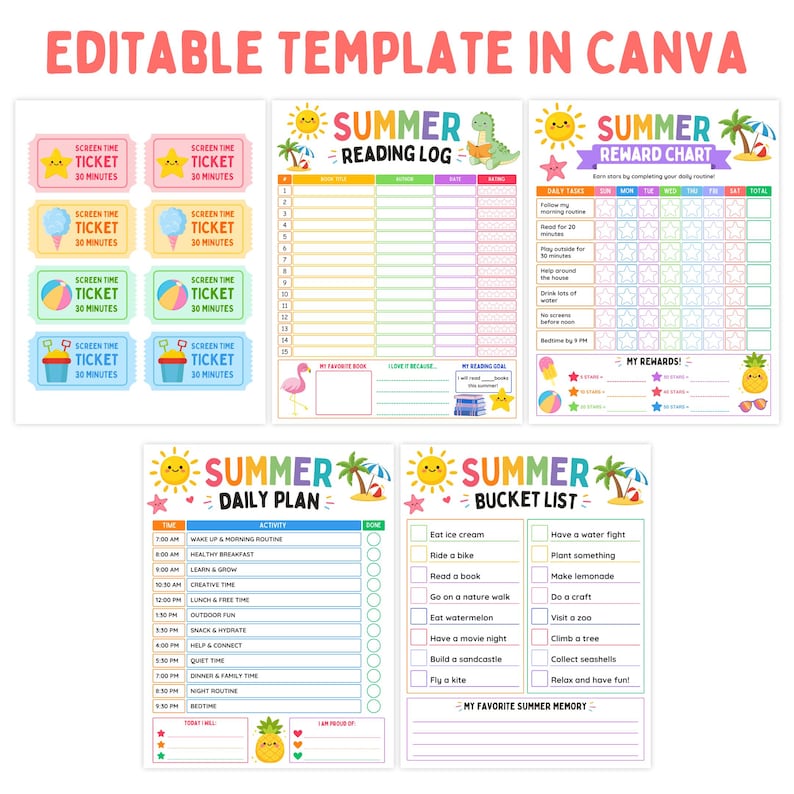 May include: A set of bright summer templates for planning and tracking activities. Includes a reading log, reward chart, daily plan, and bucket list, all decorated with suns, palm trees, and fun illustrations. Also includes screen time tickets.