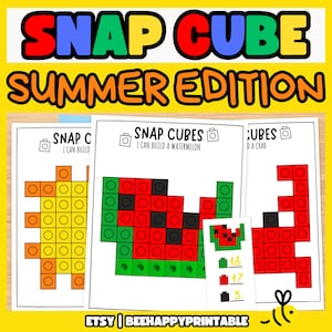 May include: Three printable worksheets for building with snap cubes. The first worksheet shows a yellow shape, the second shows a watermelon, and the third shows a crab. The worksheets include the text "SNAP CUBES" and "I CAN BUILD A WATERMELON".