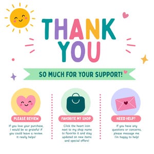 May include: A vibrant graphic with the words "THANK YOU" in large letters. Below, it says "SO MUCH FOR YOUR SUPPORT!". There are illustrations of a sun, a heart, a shopping bag, and an envelope with text.