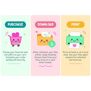 May include: A three-panel graphic with the words "PURCHASE", "DOWNLOAD", and "PRINT". Each panel features a cartoon illustration: a shopping trolley, a file folder, and a printer. Text explains the steps for purchasing, downloading, and printing.