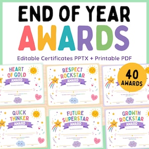 以下が含まれることがあります： 「END OF YEAR AWARDS」の文字が入った、カラフルな年末表彰状。「HEART OF GOLD AWARD」、「RESPECT ROCKSTAR AWARD」、「QUICK THINKER AWARD」、「FUTURE SUPERSTAR AWARD」、「GROWTH ROCKSTAR AWARD」などがあります。