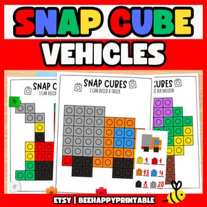May include: Printable worksheet for building vehicles with snap cubes. The worksheet shows a truck, a car, and an air balloon. The worksheet includes a color key with numbers for each color.