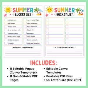 May include: A summer bucket list printable with a white background, featuring colourful text and illustrations of a sun, palm trees, and a beach umbrella. The list includes summer activities. The bottom of the image includes product details.