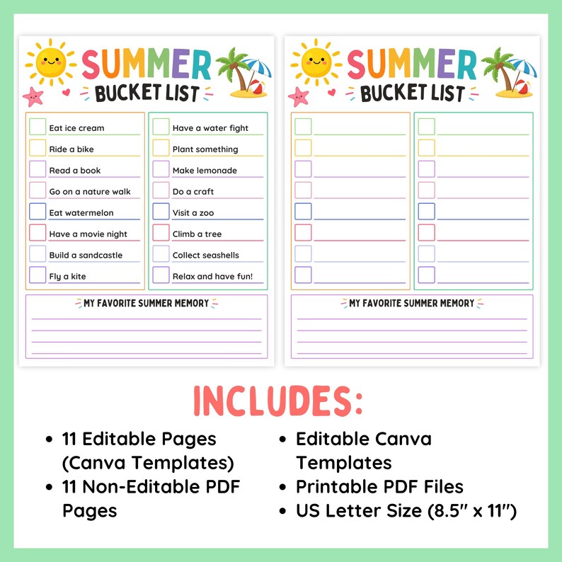 May include: A summer bucket list printable with a white background, featuring colourful text and illustrations of a sun, palm trees, and a beach umbrella. The list includes summer activities. The bottom of the image includes product details.