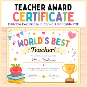 Może przedstawiać: Kolorowy certyfikat nagrody dla nauczyciela z napisem "TEACHER AWARD CERTIFICATE". Certyfikat zawiera słowa "WORLD'S BEST Teacher!" i miejsce na wpisanie imienia i nazwiska nauczyciela. Zawiera kreskówkowe jabłko, książki i trofeum.