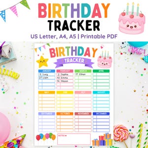 Könnte beinhalten: Ein farbenfroher Geburtstagstracker mit dem Text "BIRTHDAY TRACKER" in großen, fetten Buchstaben. Das Design beinhaltet eine niedliche Kuchenillustration, einen Stern und Platz zum Eintragen von Namen und Daten für jeden Monat. Der Text "US Letter, A4, A5 | Printable PDF" ist ebenfalls enthalten.