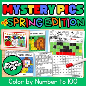 Op de afbeelding: Een verzameling "Mystery Pics Spring Edition" kleur-op-nummer afdrukbare pagina's. De pagina's bevatten verschillende afbeeldingen met lentethema, waaronder een lieveheersbeestje, een boom en een vogel. De tekst "Color by Number to 100" staat onderaan, met een rode stift.