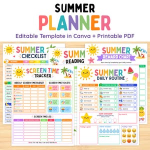 Könnte beinhalten: Ein farbenfrohes Sommerplaner-Template mit Abschnitten für Checklisten, Lesen, Belohnungen und Tagesabläufe. Das Design zeigt Sonnenillustrationen und den Text "Summer Planner". Das Template ist editierbar.