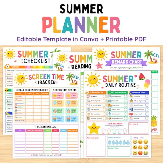 Summer Planner for Kids Editable Canva Template, Summer Routine Chart, Reading Log, Screen Time Tracker, Reward Chart, Summer Bucket List