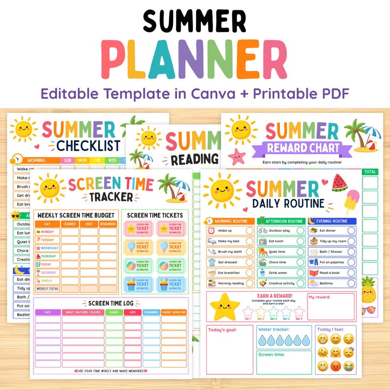 May include: A vibrant summer planner template with sections for checklists, reading, rewards, and daily routines. The design includes sun illustrations and the words "Summer Planner". The template is editable.