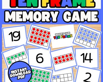 Puede incluir: Un juego de memoria de diez marcos imprimible para niños. Las cartas muestran números, marcos de diez con contadores rojos, azules y verdes, y las palabras "Memory Game Ten Frame".