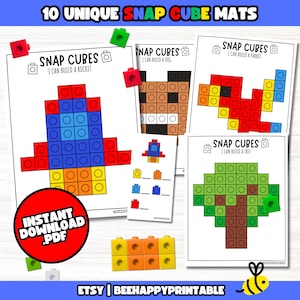 May include: Printable snap cube mats for children. The mats feature 10 different designs, including a rocket, a dog, a parrot, a tree, and more. The mats are perfect for helping children learn to build with snap cubes.