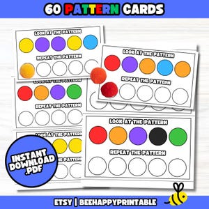 May include: Printable pattern cards for kids.  The cards feature colorful circles in different patterns.  The text on the cards reads "Look at the pattern" and "Repeat the pattern".