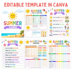 May include: A vibrant summer planner template with sections for daily routines, rules, and a checklist. The design incorporates sunny illustrations, beach imagery, and text such as "Summer Planner" and "Screen Time Tracker".