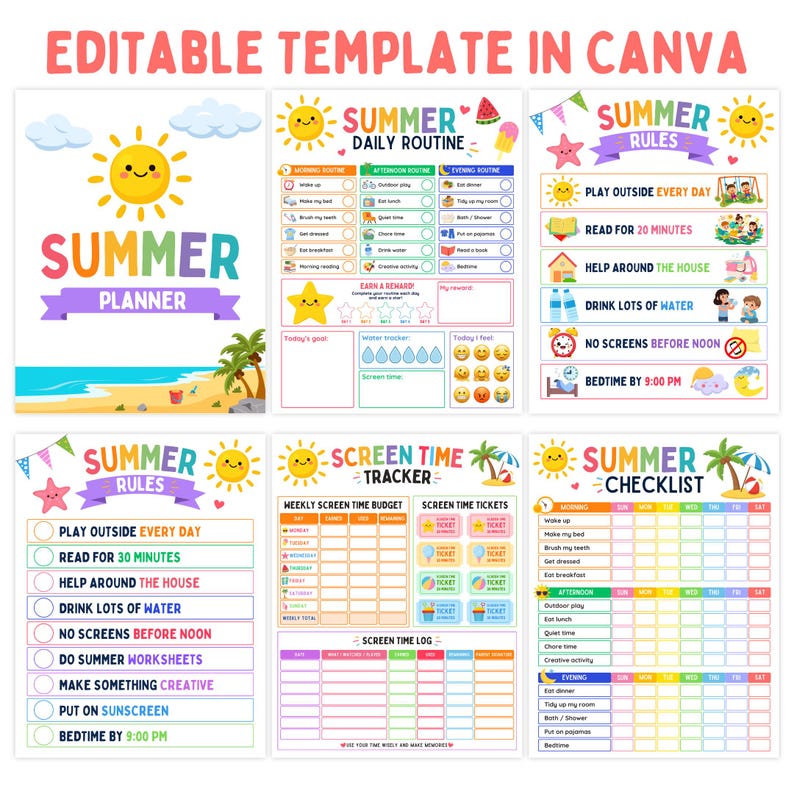 May include: A vibrant summer planner template with sections for daily routines, rules, and a checklist. The design incorporates sunny illustrations, beach imagery, and text such as "Summer Planner" and "Screen Time Tracker".