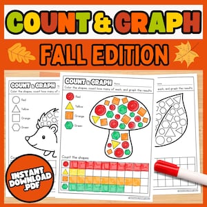 May include: Three educational worksheets titled COUNT & GRAPH FALL EDITION featuring black and white line art of a hedgehog, a mushroom, and a leaf filled with geometric shapes to color, count, and graph, accompanied by a red marker.