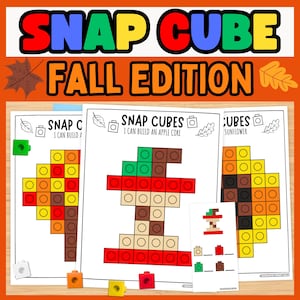 May include: Educational activity sheets titled SNAP CUBE FALL EDITION featuring grid-based designs of an apple core, a sunflower, and a tree. The pages include colorful illustrations of snap cubes in red, yellow, orange, green, and brown.