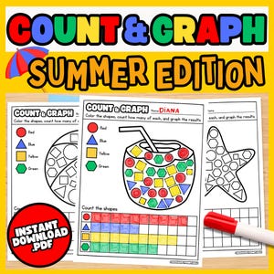Count and Graph Worksheets Summer, Printable Math Activity, Kindergarten 1st Grade Math, Counting 2D Shapes, Graphing Activity, Homeschool