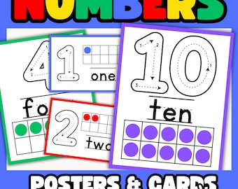 Könnte beinhalten: Lernkarten mit dem Wort NUMBERS in großen, bunten Buchstaben. Jede Karte zeigt eine Zahl, Richtungspfeile zum Schreiben, das geschriebene Wort und ein Zehnerfeld mit farbigen Punkten, die den numerischen Wert darstellen.