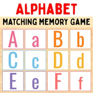 May include: Alphabet matching memory game with uppercase and lowercase letters A through F. The letters are in various colors, including pink, orange, blue, and purple, on white squares. The game is set against a light wood grain background.