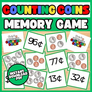 May include: A set of 10 printable memory game cards featuring images of US coins and their corresponding values in cents. The cards are green and white with a green border. The text on the cards includes "Memory Game Counting Coins" and the values of the coins in cents.