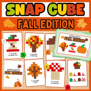 May include: A set of educational activity cards titled SNAP CUBE FALL EDITION featuring illustrations of an apple core, a tree, a leaf, and a mushroom built from snap cubes. The cards include text prompts and counting exercises with colorful cubes.