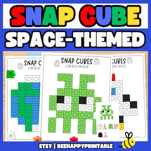 May include: Three printable worksheets for building with snap cubes. The worksheets feature space-themed images, including an alien, a rocket, and a space shuttle. The worksheets include instructions for building each image, as well as the number of cubes needed for each color.