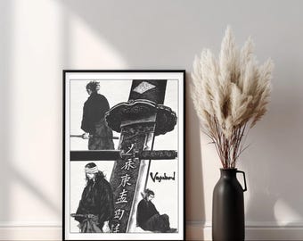 Vagabond Samurai Wall Art – Musashi Manga Print, Black & White Japanese Ink Style Poster