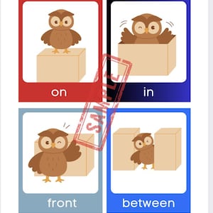 May include: Educational flashcards featuring a cartoon owl demonstrating prepositions. The cards show the owl in various positions: on, in, front, and between boxes. Each card has a colored border and the corresponding preposition written below.