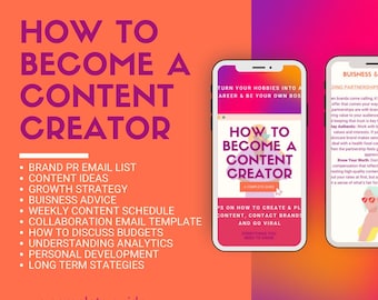 May include: A pink and orange graphic with the text "How to Become a Content Creator" and a list of bullet points about content creation. The graphic also includes a screenshot of a phone showing a similar graphic with the text "How to Become a Content Creator: A Complete Guide".