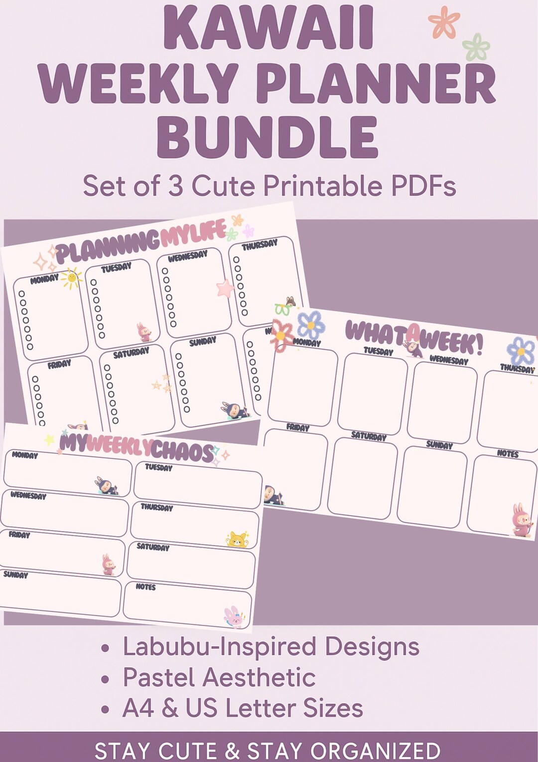 Kawaii Weekly Planner Bundle – Set of 3 Cute Printable Pdfs | Labubu ...