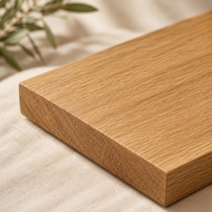 May include: A rectangular piece of light brown oak wood with a visible natural grain pattern. The wood features a smooth, flat top surface and a thick, straight edge, showcasing the organic texture and warm tan tones of the timber material.
