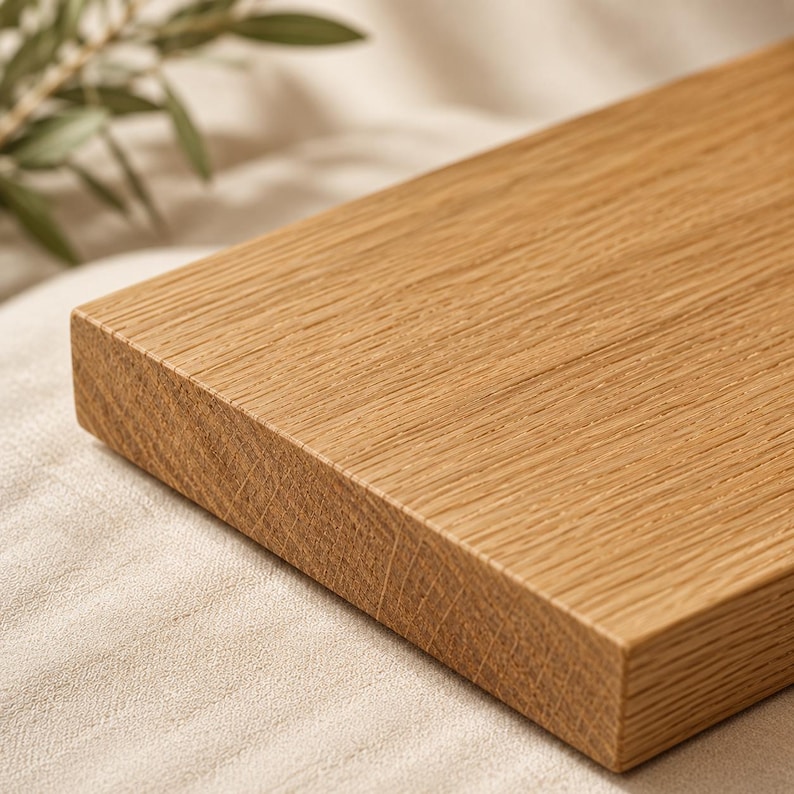 May include: A rectangular piece of light brown oak wood with a visible natural grain pattern. The wood features a smooth, flat top surface and a thick, straight edge, showcasing the organic texture and warm tan tones of the timber material.