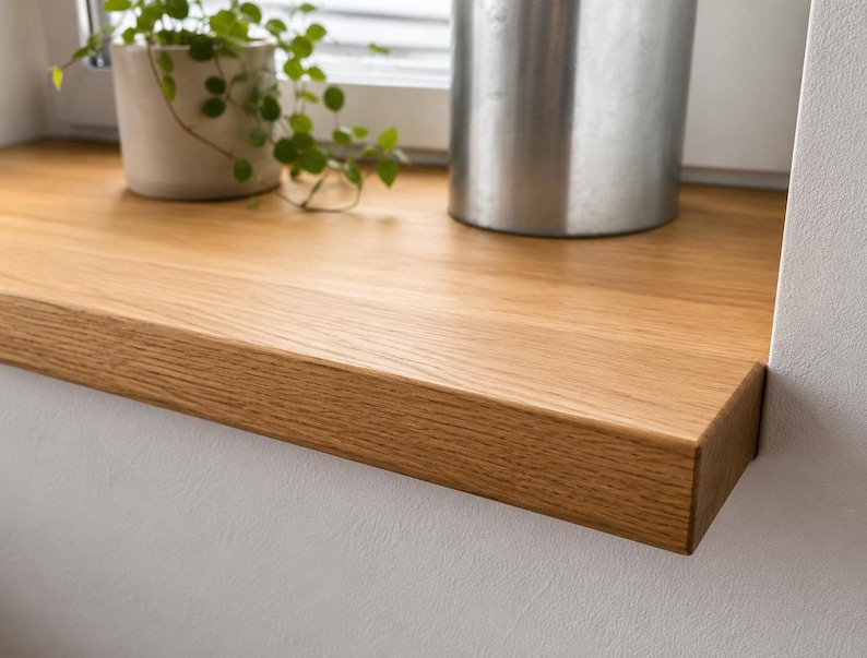 May include: A rectangular window sill made of light brown oak wood with a visible natural grain pattern. The sill is installed against a white wall and features a smooth, flat surface with a straight front edge and a clean, finished appearance.