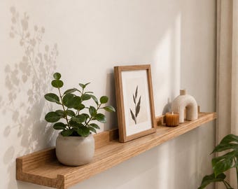 Solid Oak Picture Rail, Natural Finish | Oak Wall Shelf | Photo Rail for Pictures & Art Prints | Handmade Decorative Shelf | 20–140 cm