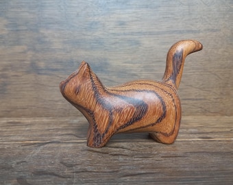Hand Carved Wooden Cat Figurine: Zebrano Animal Small Statue