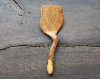 Espátula de cocina tallada a mano - Turner de madera de 10 pulgadas - Espátula de mango curvo