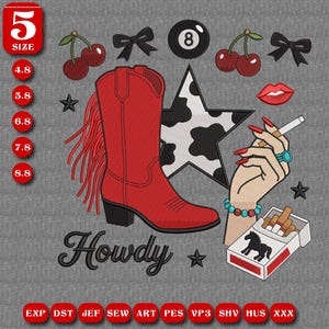 Design de bordado country western para cowgirl, botas de cowboy "Howdy", estilo country rebelde, patch retrô de rodeio, presente de Dia dos Namorados para cowgirl