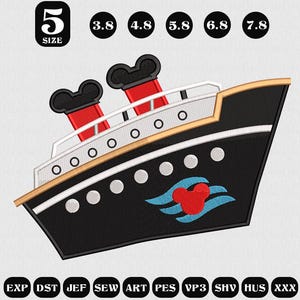 May include: Black and gold embroidered ship design with red and black smokestacks. The design includes a Mickey Mouse emblem and is available in multiple sizes, ranging from 3.8 to 7.8 inches.