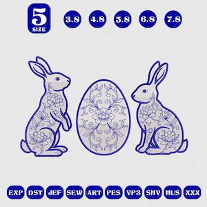 May include: An embroidered design featuring two rabbits flanking a decorative egg. The rabbits and egg are adorned with floral patterns in blue. The image includes size options and file type abbreviations.