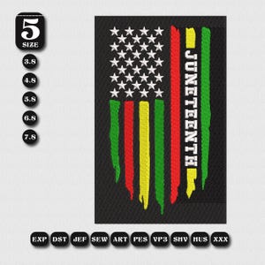 May include: Black embroidered patch featuring a stylized flag design with white stars, red, yellow, and green stripes, and the word "JUNETEENTH" in white. Includes size options from 3.8 to 7.8 inches.