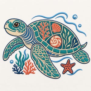 Coastal Sea Turtle Machine Embroidery Design, Coral Seashell Starfish Seaweed Ocean Wave Digital File, Nautical Summer Marine Animal Art