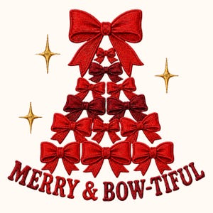 May include: An embroidered design featuring multiple red bows arranged in a triangular tree shape, accented by three gold four-pointed stars. Below the bow tree, the text MERRY & BOW-TIFUL is stitched in a dark red, curved font.
