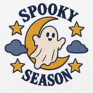 May include: An embroidery design featuring a cream-coloured ghost centred in front of a yellow crescent moon. The text SPOOKY SEASON is arched in dark blue thread. Four yellow stars and two dark blue clouds surround the central moon and ghost.