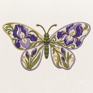 May include: An embroidered patch shaped like a butterfly with wings featuring purple iris flowers, green stems, and yellow accents. The central body is segmented and green with two antennae. The design is outlined in a thin purple border on white fabric.