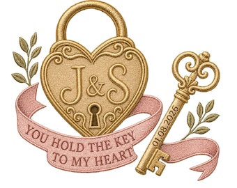 Personalized Heart Lock Embroidery, Custom Couple Initials, Anniversary Date, Key to My Heart, Wedding Gift, Machine Embroidery Design File